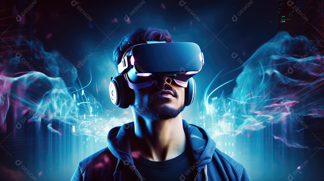 Imagem realsta de homem jovem usando óculos de realidade virtual