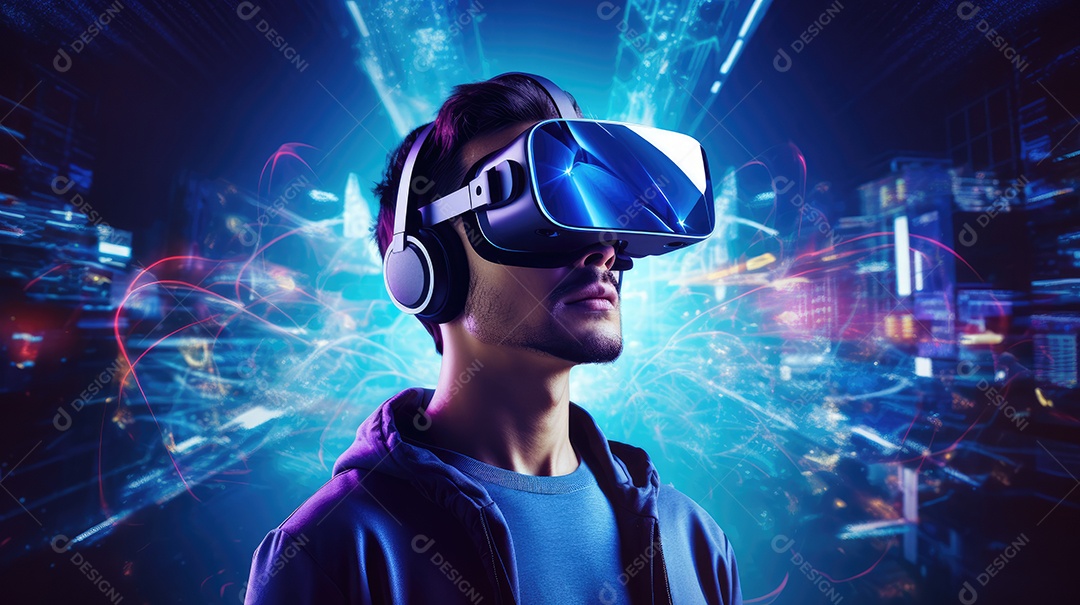 Imagem realsta de homem jovem usando óculos de realidade virtual