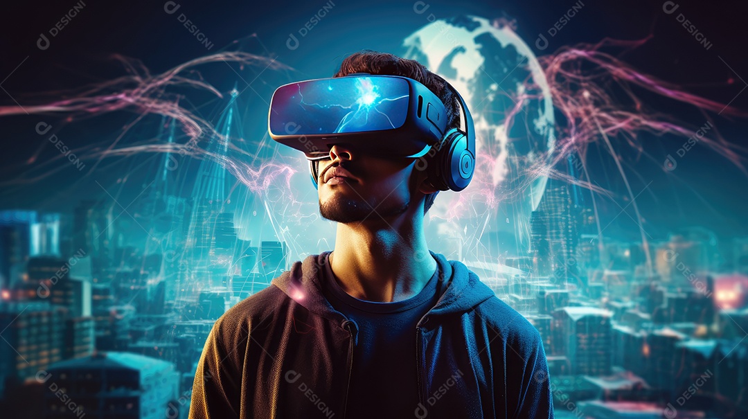 Imagem realsta de homem jovem usando óculos de realidade virtual