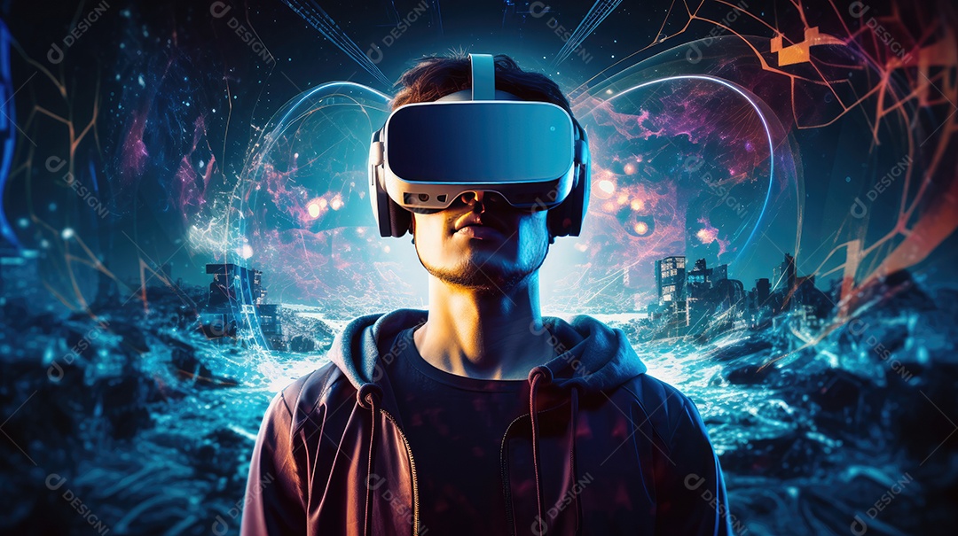Imagem realsta de homem jovem usando óculos de realidade virtual