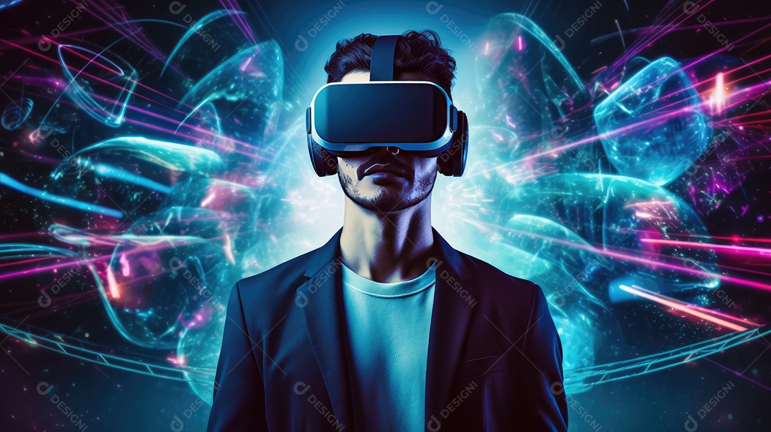 Imagem realsta de homem jovem usando óculos de realidade virtual