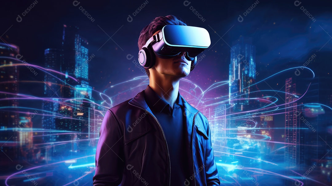Imagem realsta de homem jovem usando óculos de realidade virtual