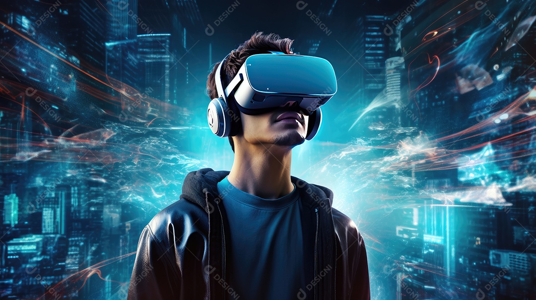 Imagem realsta de homem jovem usando óculos de realidade virtual