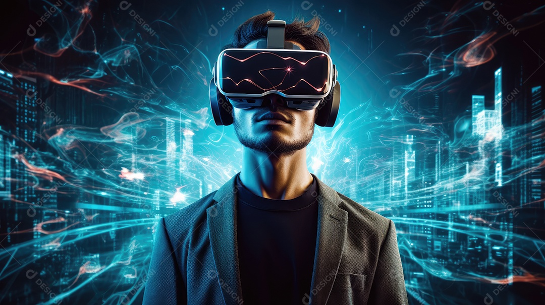 Imagem realsta de homem jovem usando óculos de realidade virtual