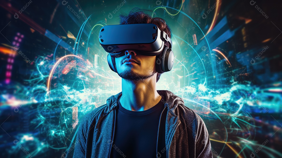 Imagem realsta de homem jovem usando óculos de realidade virtual