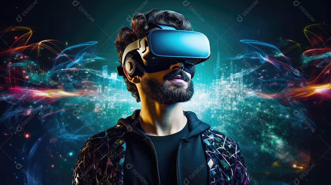 Imagem realsta de homem jovem usando óculos de realidade virtual