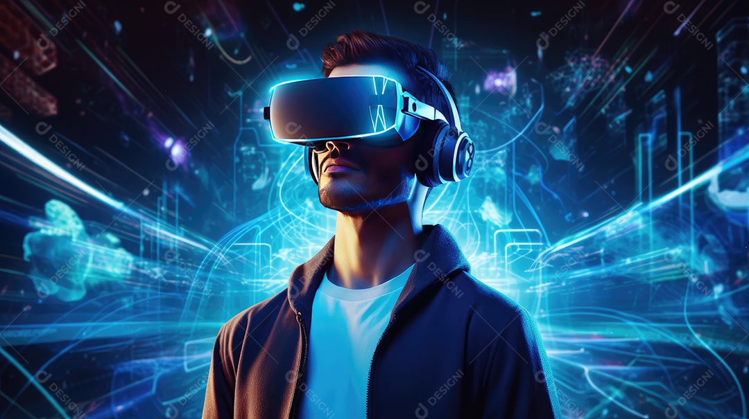 Imagem realsta de homem jovem usando óculos de realidade virtual