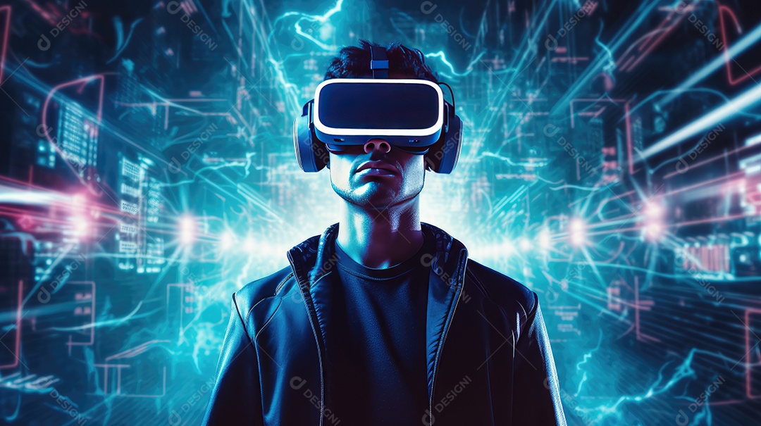 Imagem realsta de homem jovem usando óculos de realidade virtual