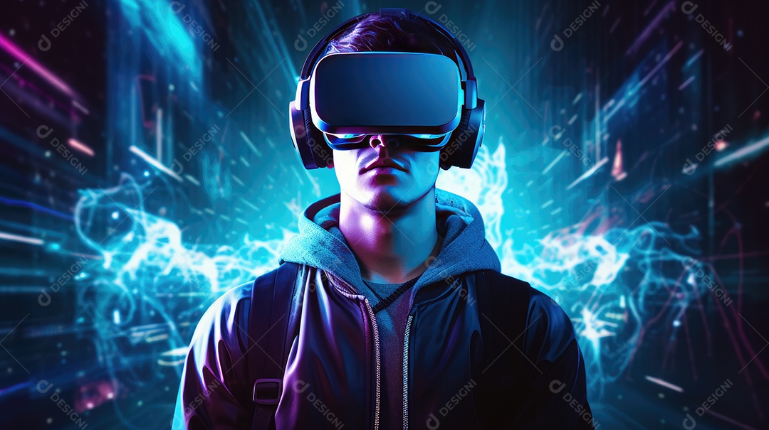 Imagem realsta de homem jovem usando óculos de realidade virtual