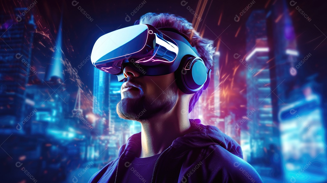 Imagem realsta de homem jovem usando óculos de realidade virtual