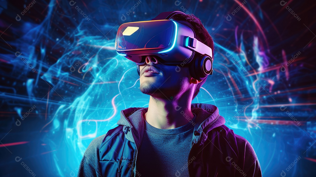 Imagem realsta de homem jovem usando óculos de realidade virtual