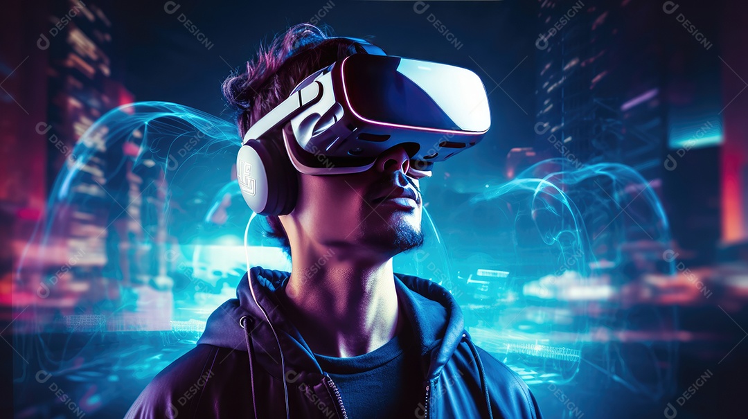 Imagem realsta de homem jovem usando óculos de realidade virtual