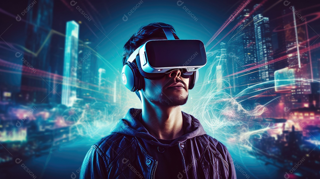 Imagem realsta de homem jovem usando óculos de realidade virtual