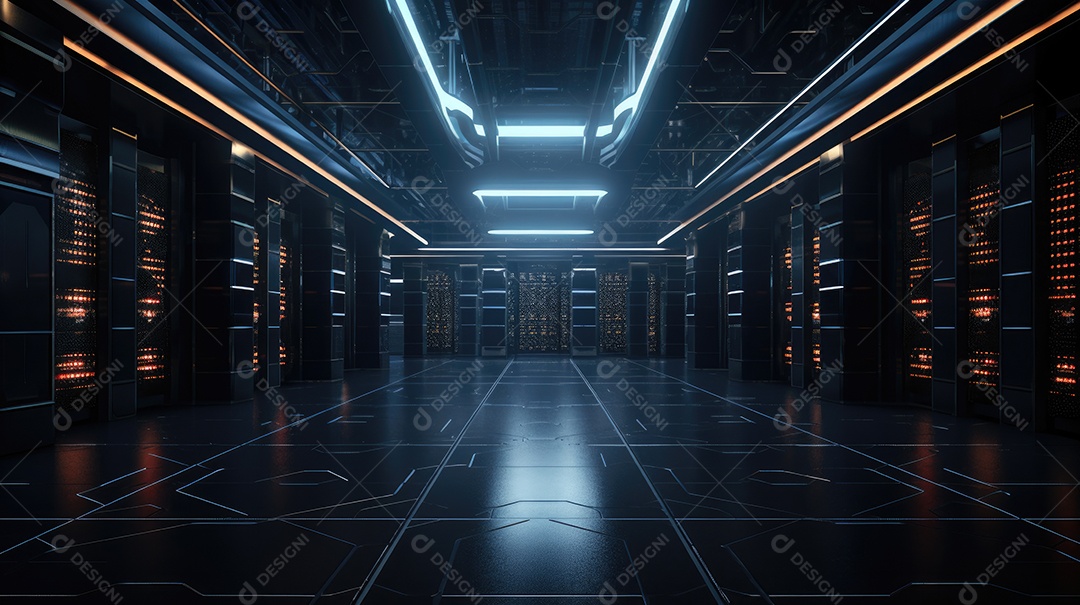 Sala de servidores futurista ou corredor de data center com luzes de néon em fundo escuro
