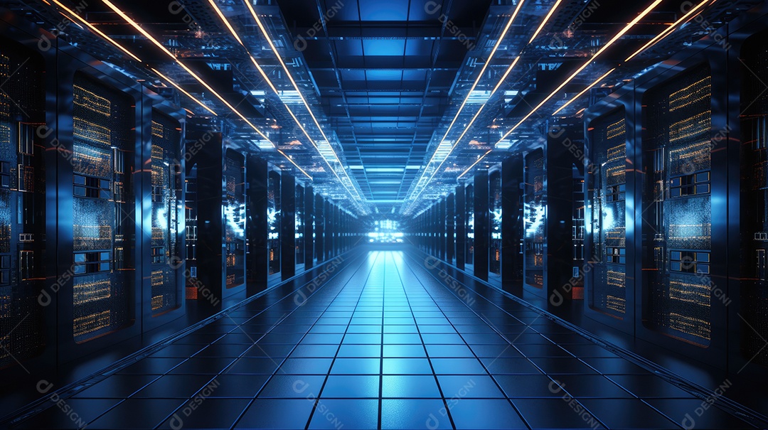 Sala de servidores futurista ou corredor de data center com luzes de néon em fundo escuro