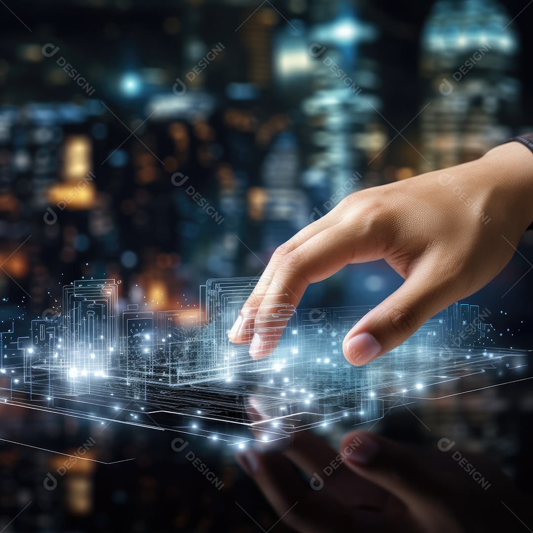 Close-up do ícone tocante da mão humana na tela virtual