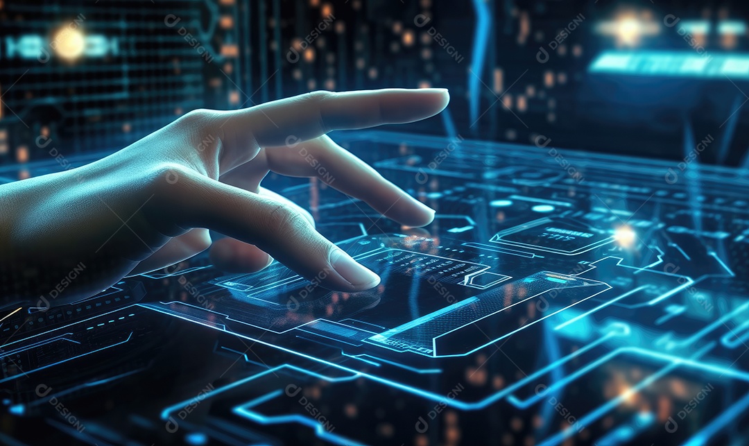 Close-up do ícone tocante da mão humana na tela virtual