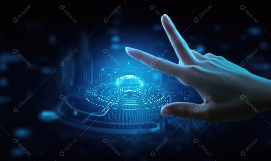 Close-up do ícone tocante da mão humana na tela virtual