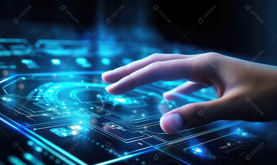 Close-up do ícone tocante da mão humana na tela virtual