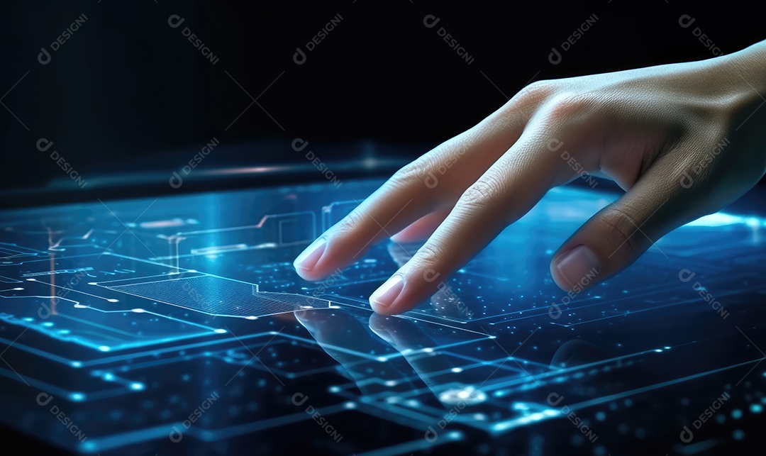 Close-up do ícone tocante da mão humana na tela virtual