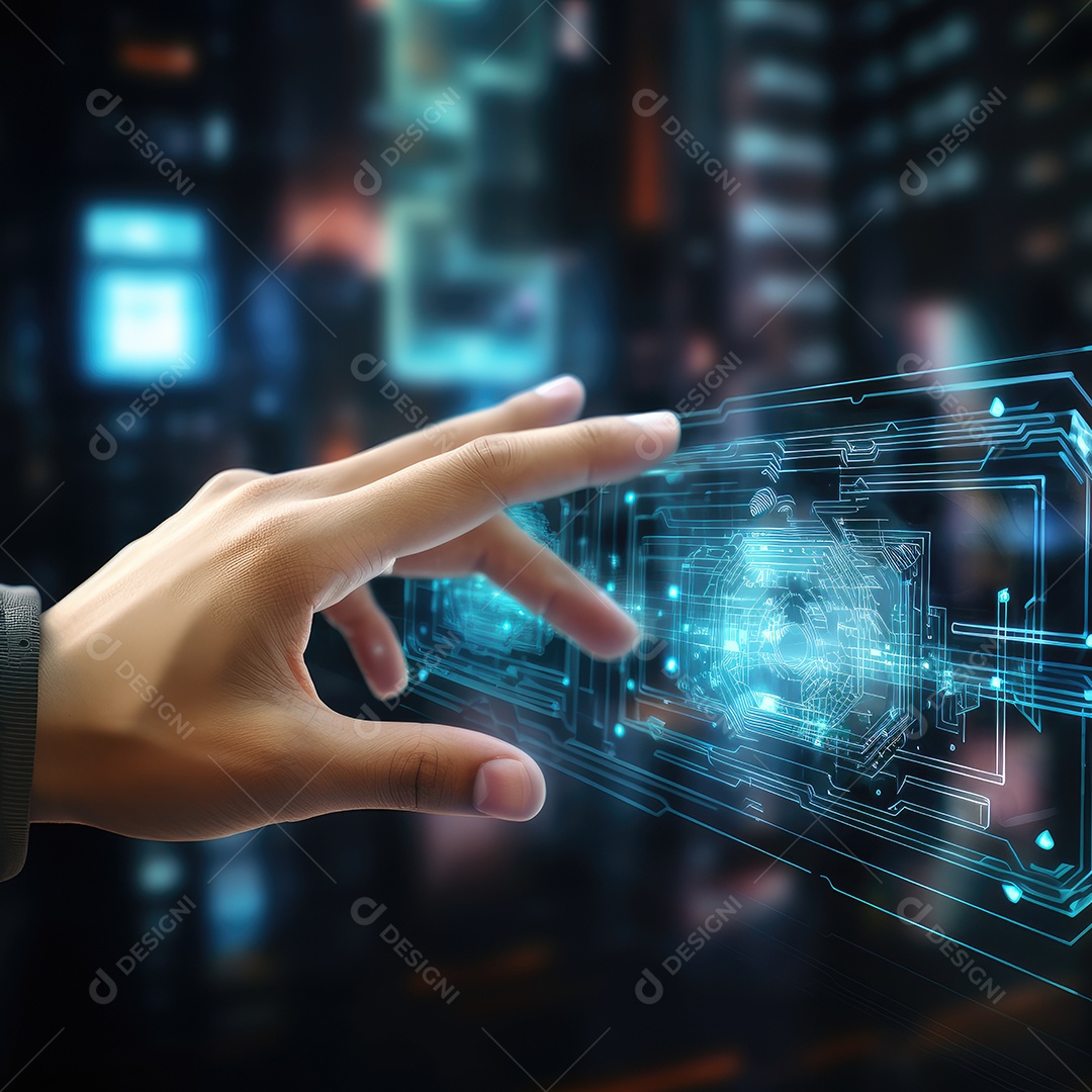 Close-up do ícone tocante da mão humana na tela virtual