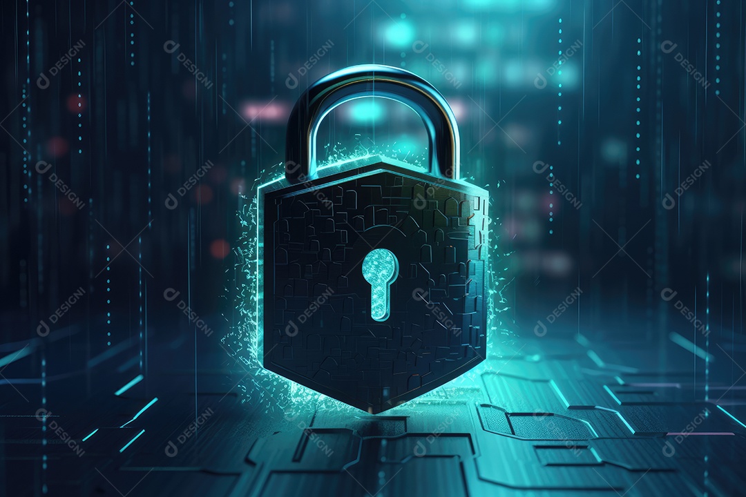 Conceito de segurança cibernética com cadeado no fundo do circuito
