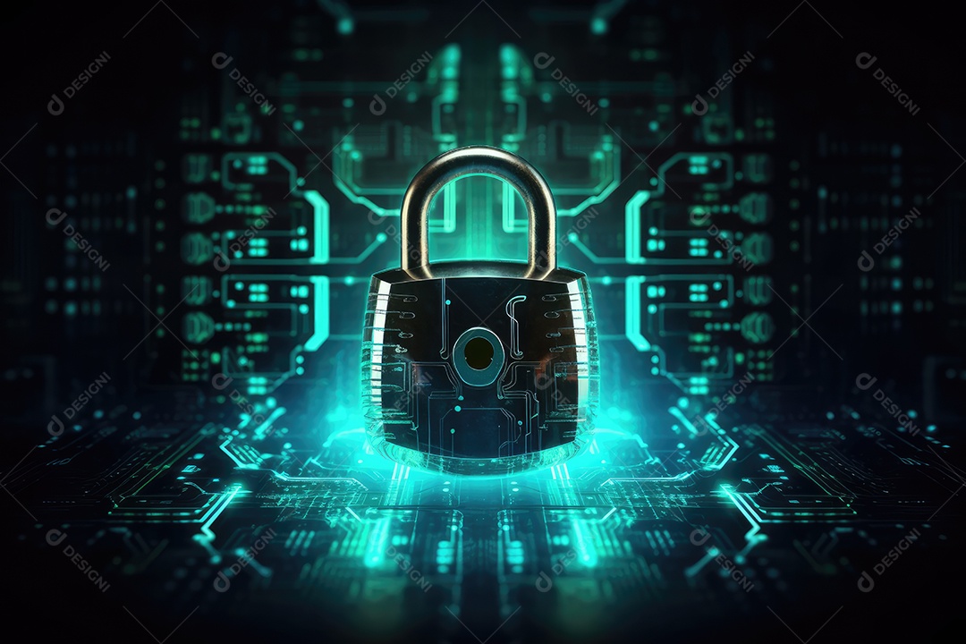 Conceito de segurança cibernética com cadeado no fundo do circuito