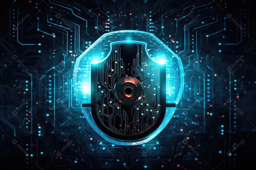 Conceito de segurança cibernética com cadeado no fundo do circuito