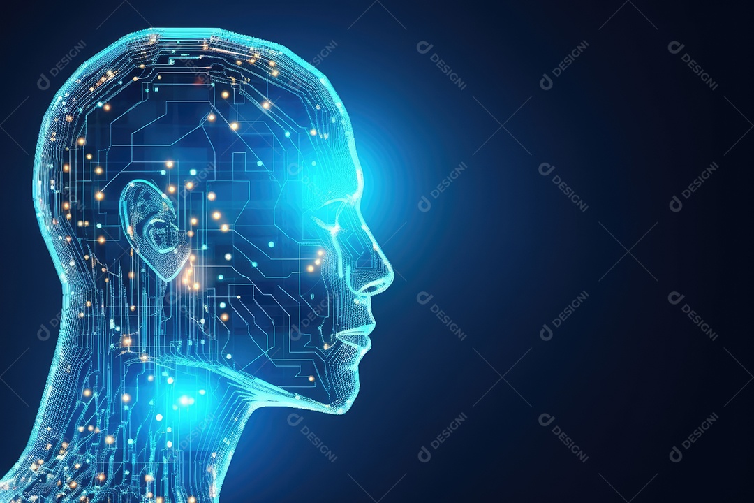 Conceito de inteligência artificial com cabeça humana e placa de circuito