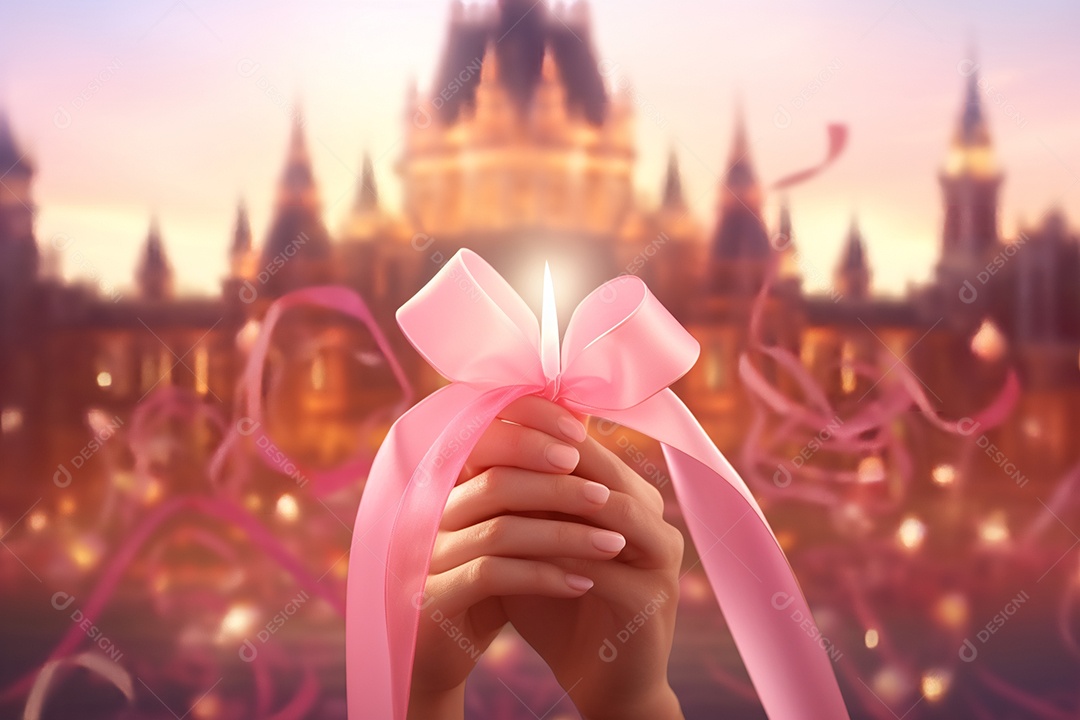 Fitas cor de rosa em fundo de castelo, conscientização do outubro rosa