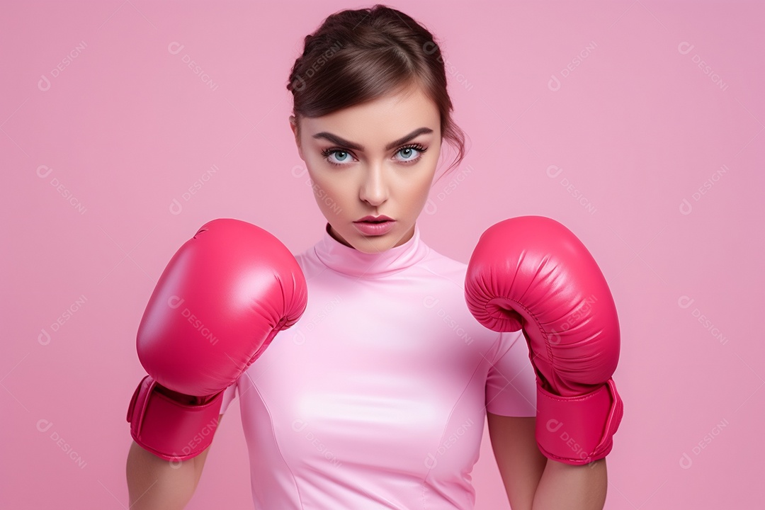 Mulher lutadora com luvas rosas, para apoio do outubro rosa