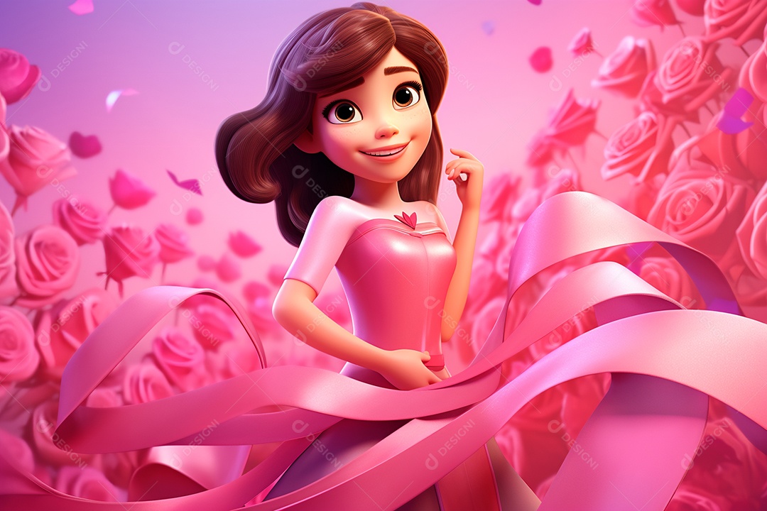 Ilustração menina com vestido rosa para conscientização do outubro rosa