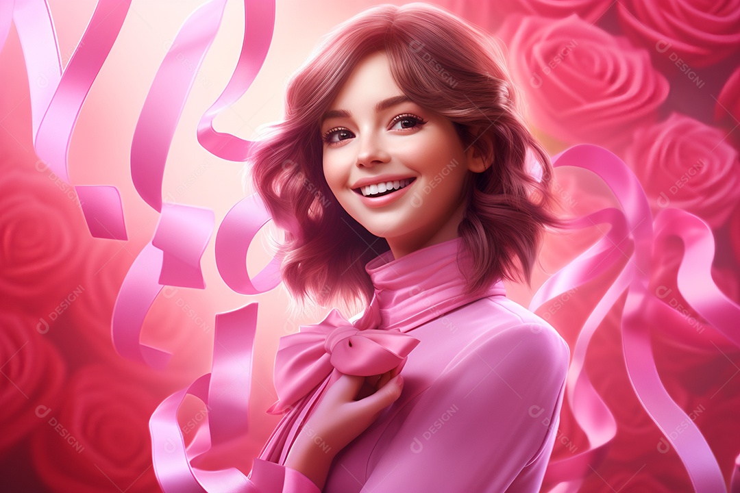 Ilustração menina com vestido rosa para conscientização do outubro rosa