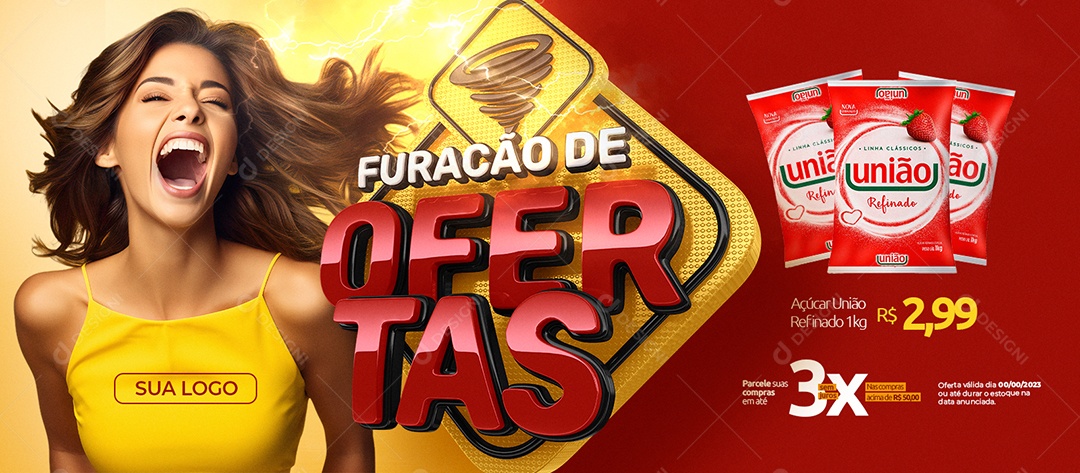 Banner Furacão de Ofertas Açúcar União Refinado Supermercado Social Media PSD Editável