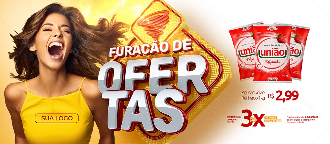 Banner Furacão de Ofertas Supermercado Açúcar União Refinado Social Media PSD Editável