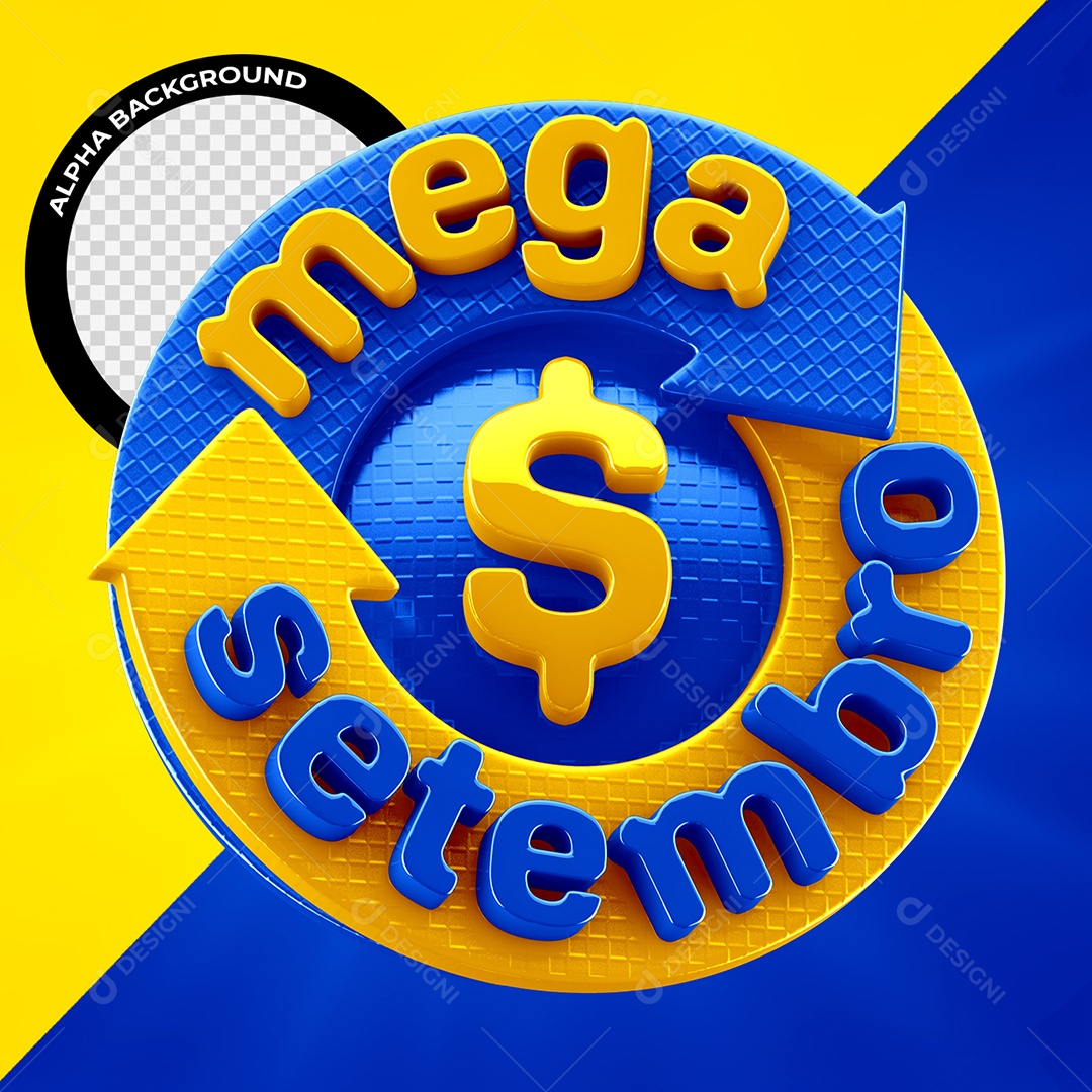 Mega Setembro Selo 3D Azul e Dourado para Composição PSD