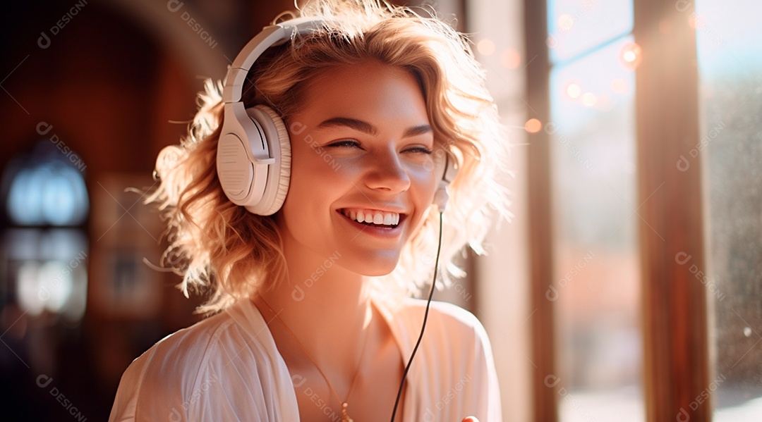 Fotografia de Jovem usando fones de ouvido curtindo música