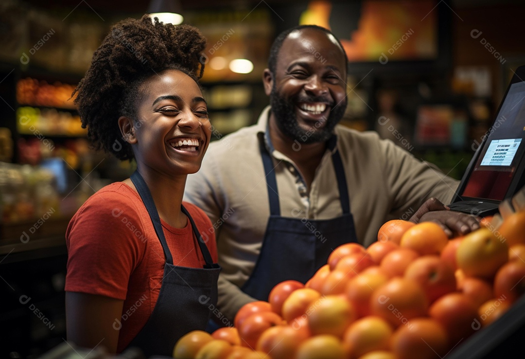 Atendentes de supermercado arrumando hortifruti