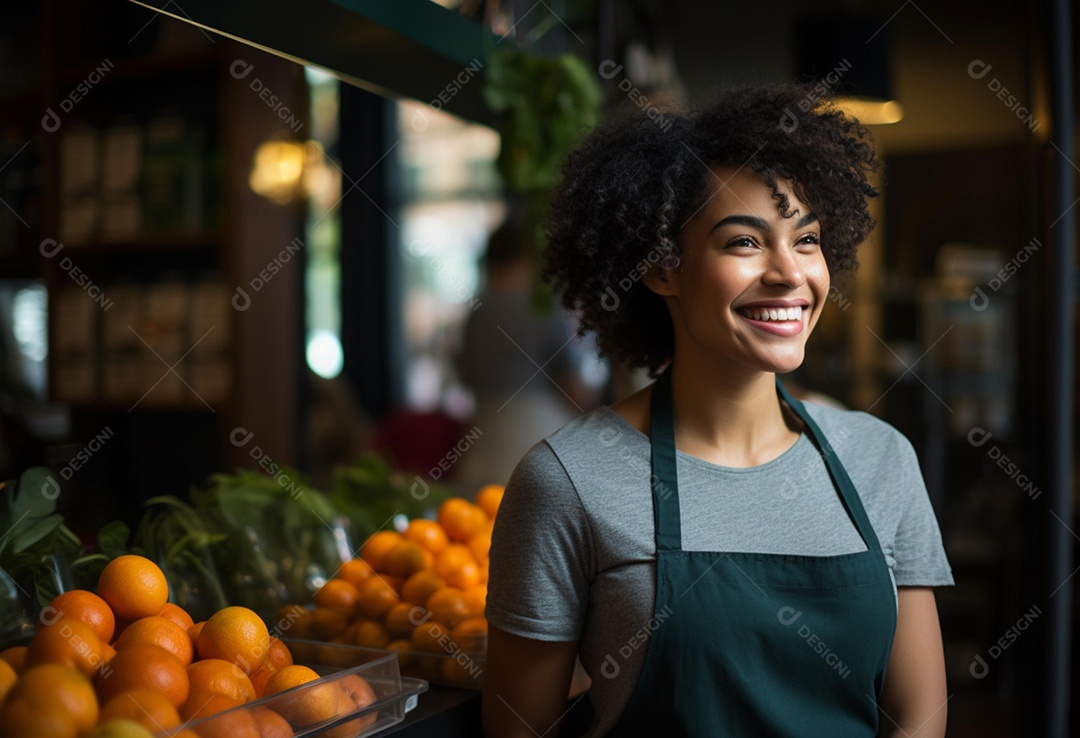 Linda atendente sorridente de avental