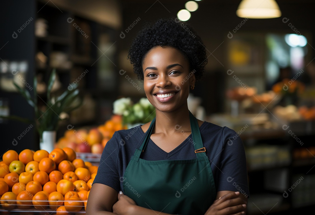 Linda atendente sorridente de avental