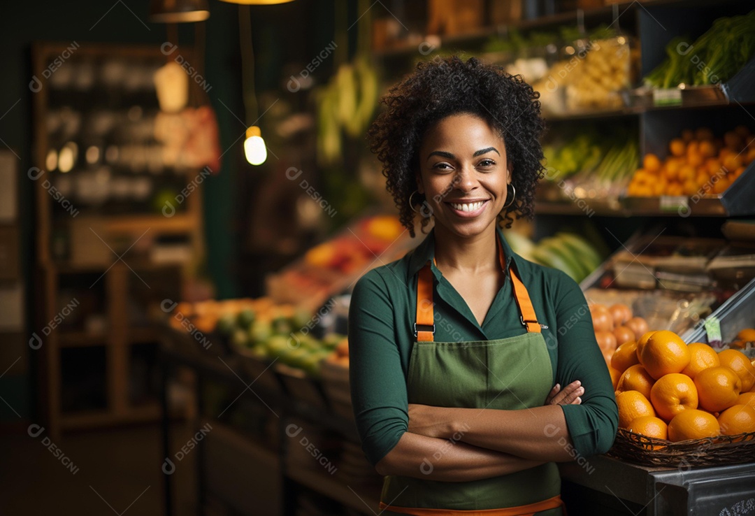 Linda atendente sorridente de avental