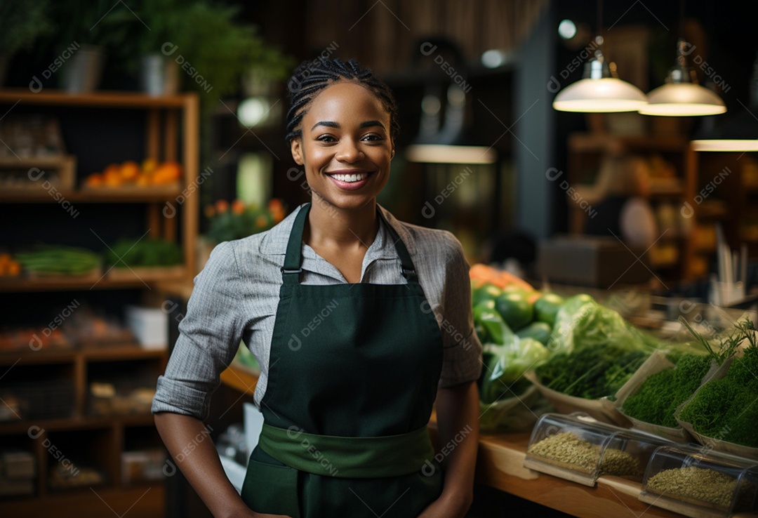 Linda atendente sorridente de avental