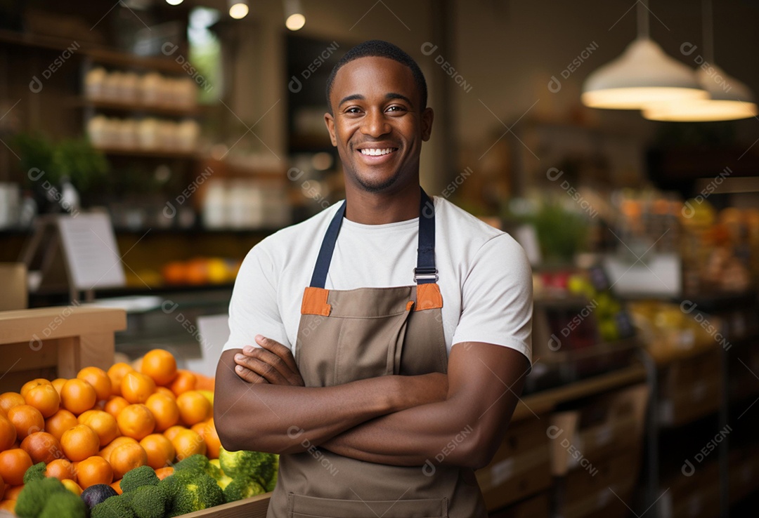 Homem atendente sorridente de avental