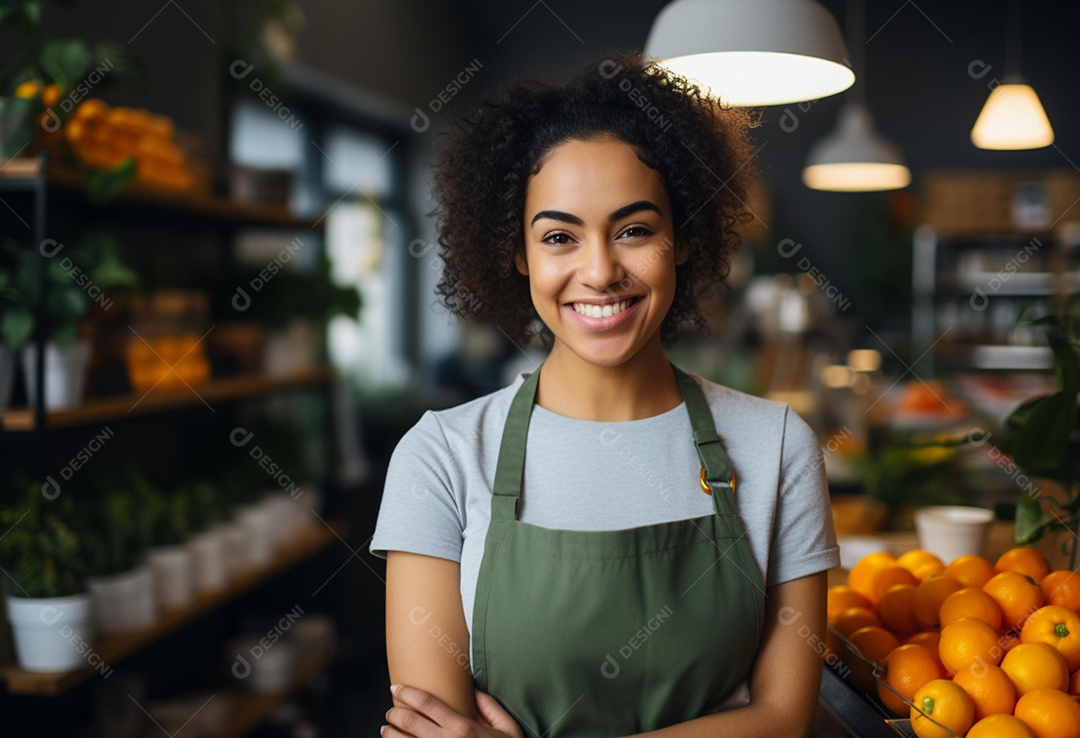 Linda mulher atendente sorridente de avental