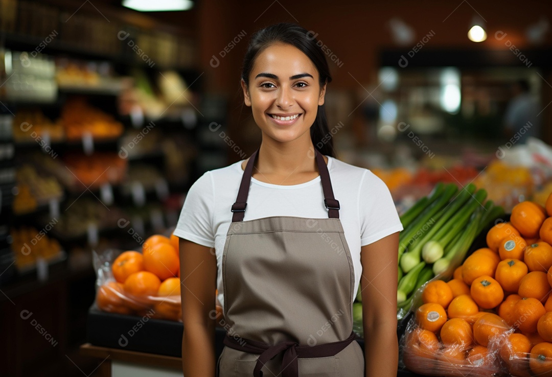 Linda mulher atendente sorridente de avental