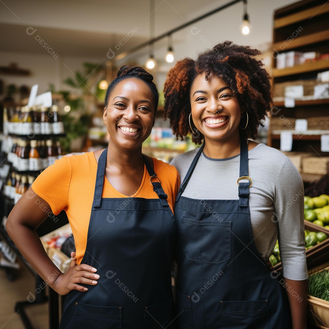 Mulheres atendentes de avental sorridentes