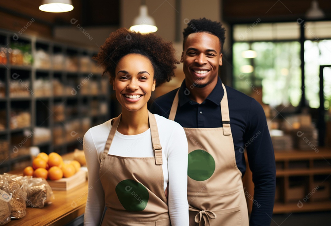 Atendentes sorridentes de avental