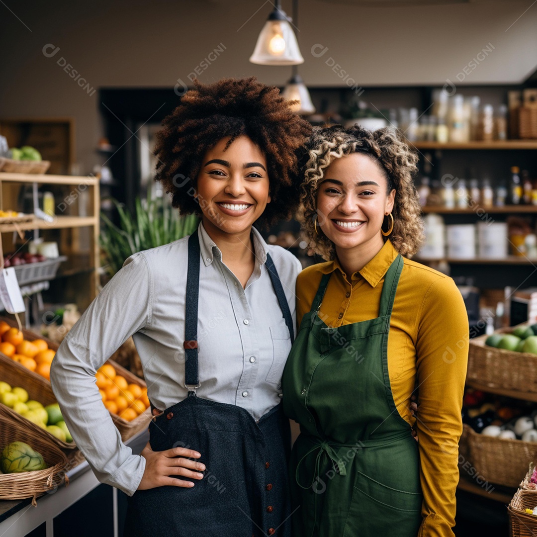 Atendentes sorridentes de avental