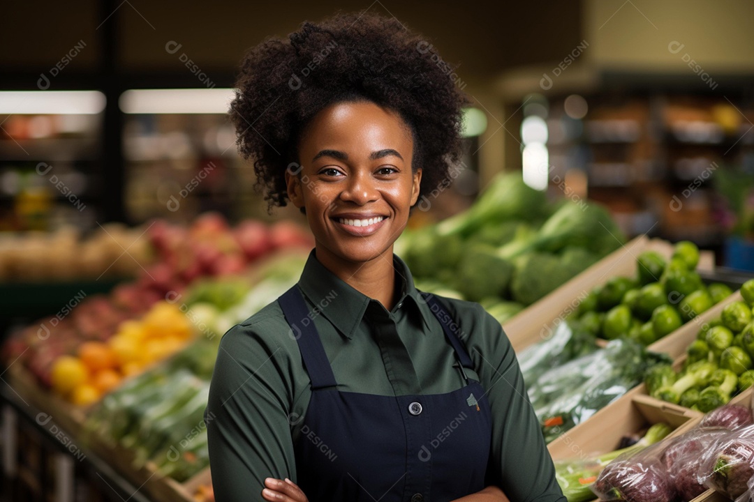 Linda mulher negra atendente de avental