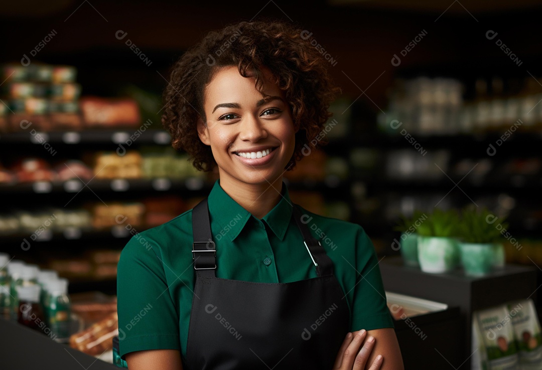Linda mulher negra atendente de avental